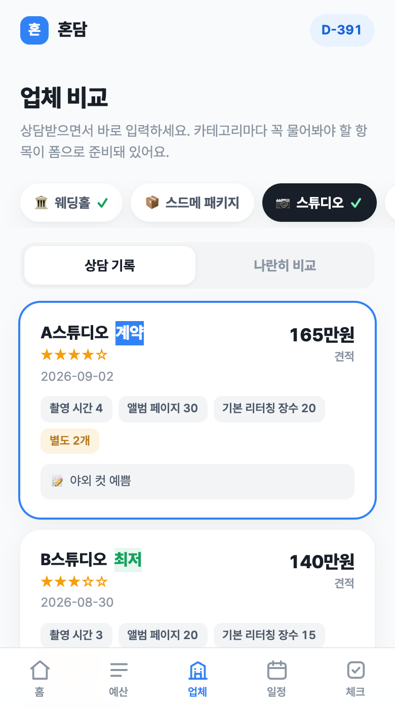 업체 비교 화면